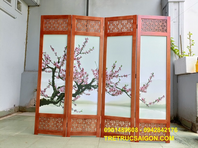 bình phong cảnh hoa đào