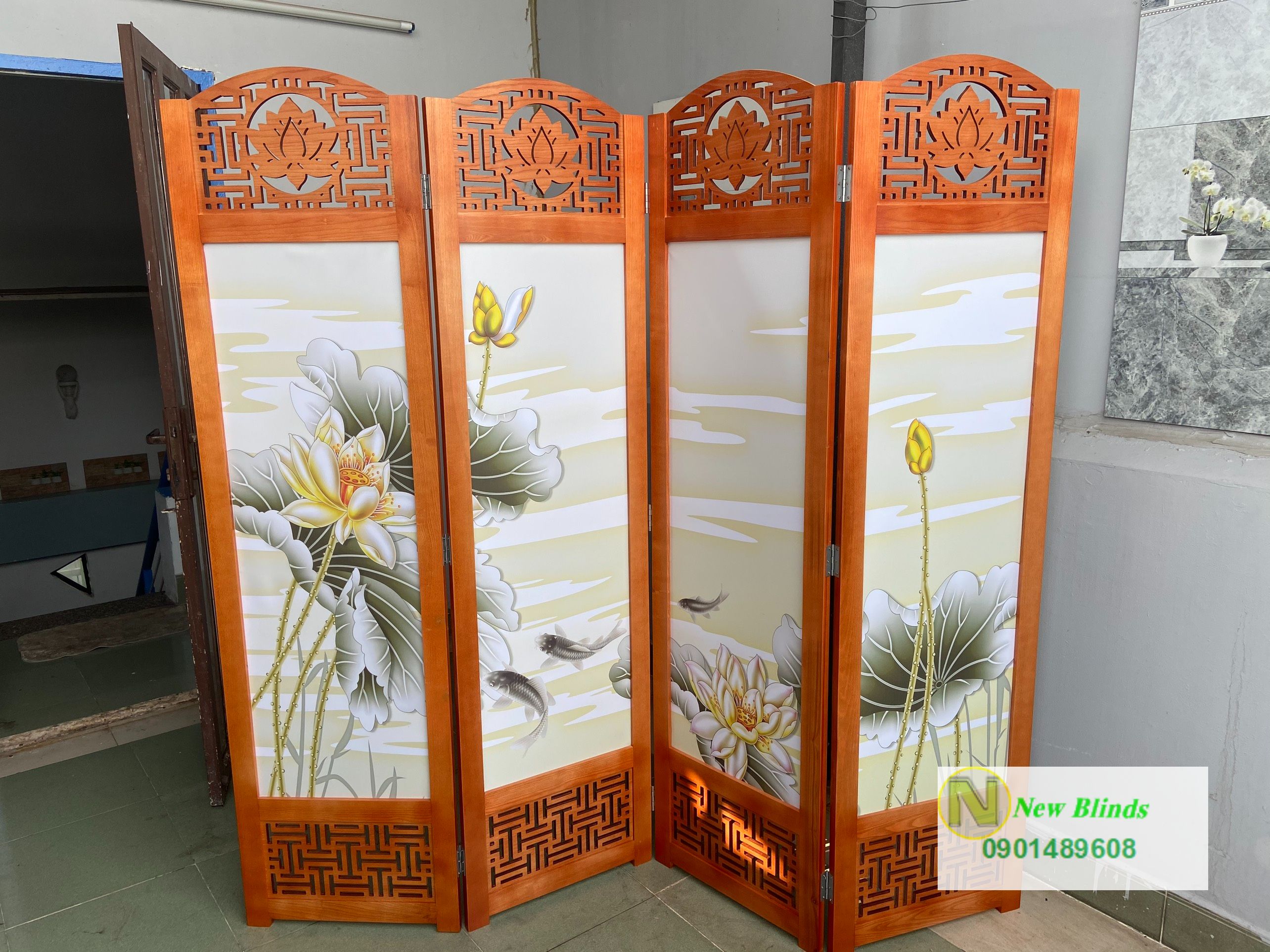 bình phong hoa sen cá chép 10