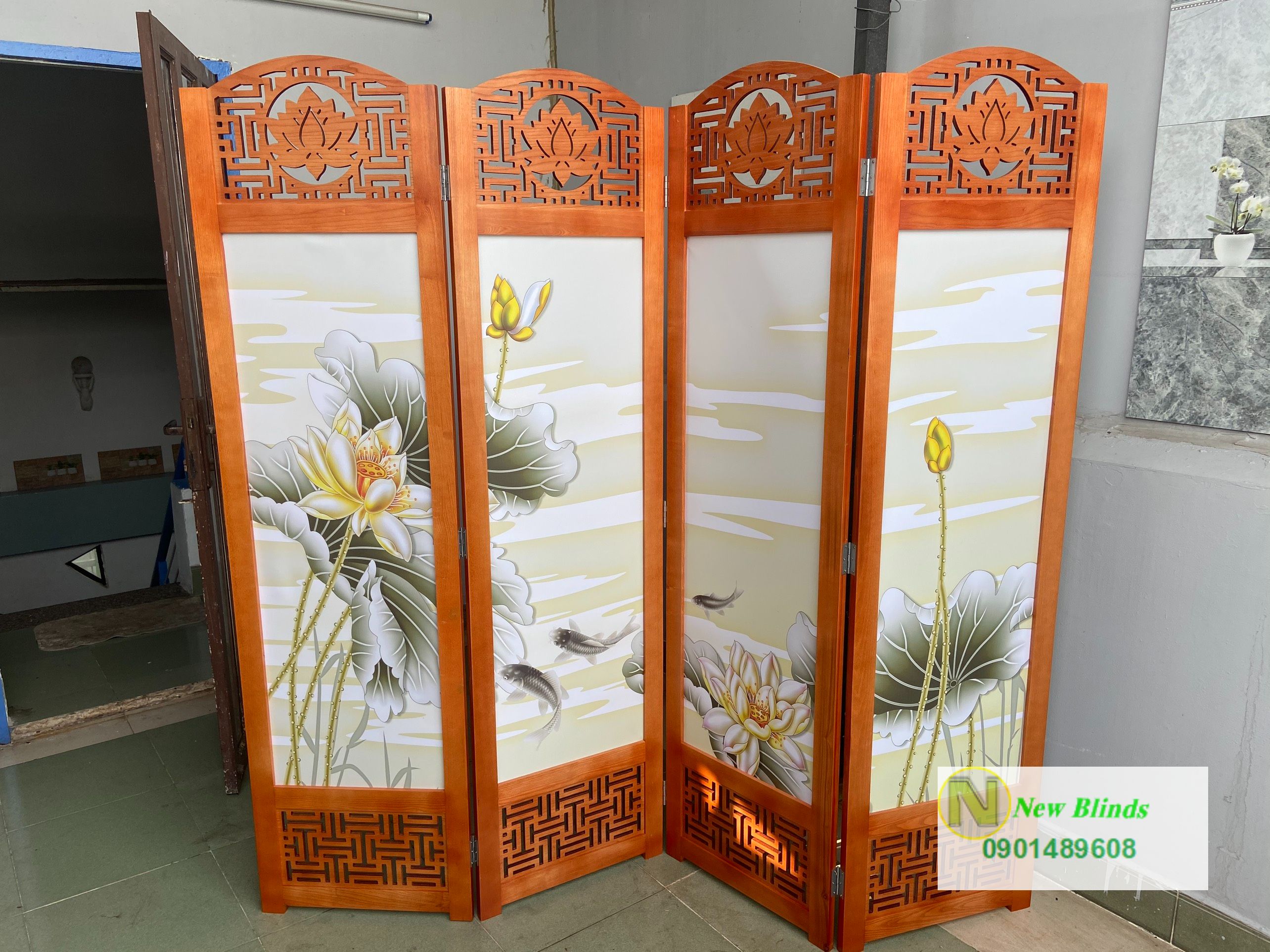 bình phong hoa sen cá chép 4