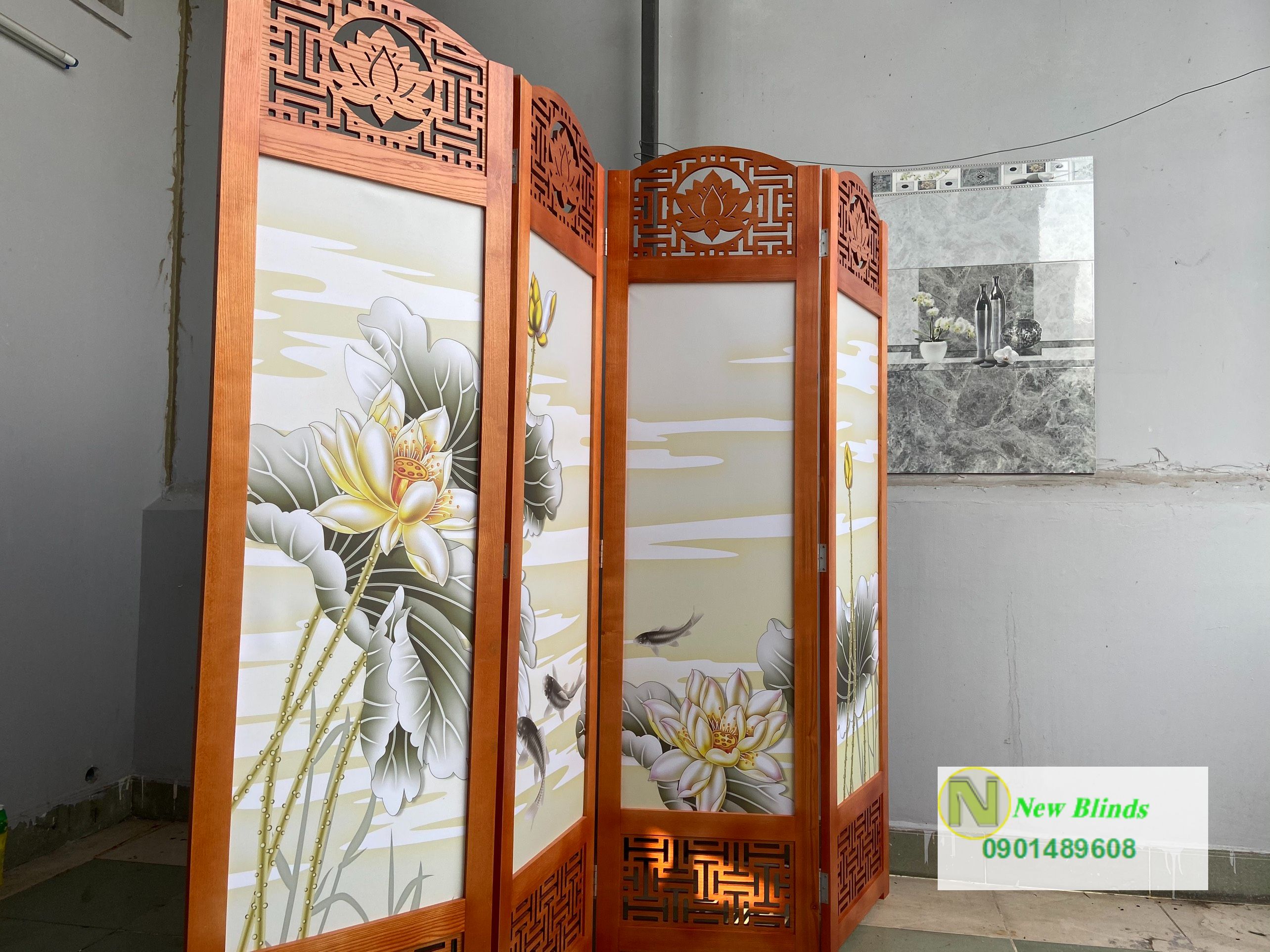 bình phong hoa sen cá chép 7