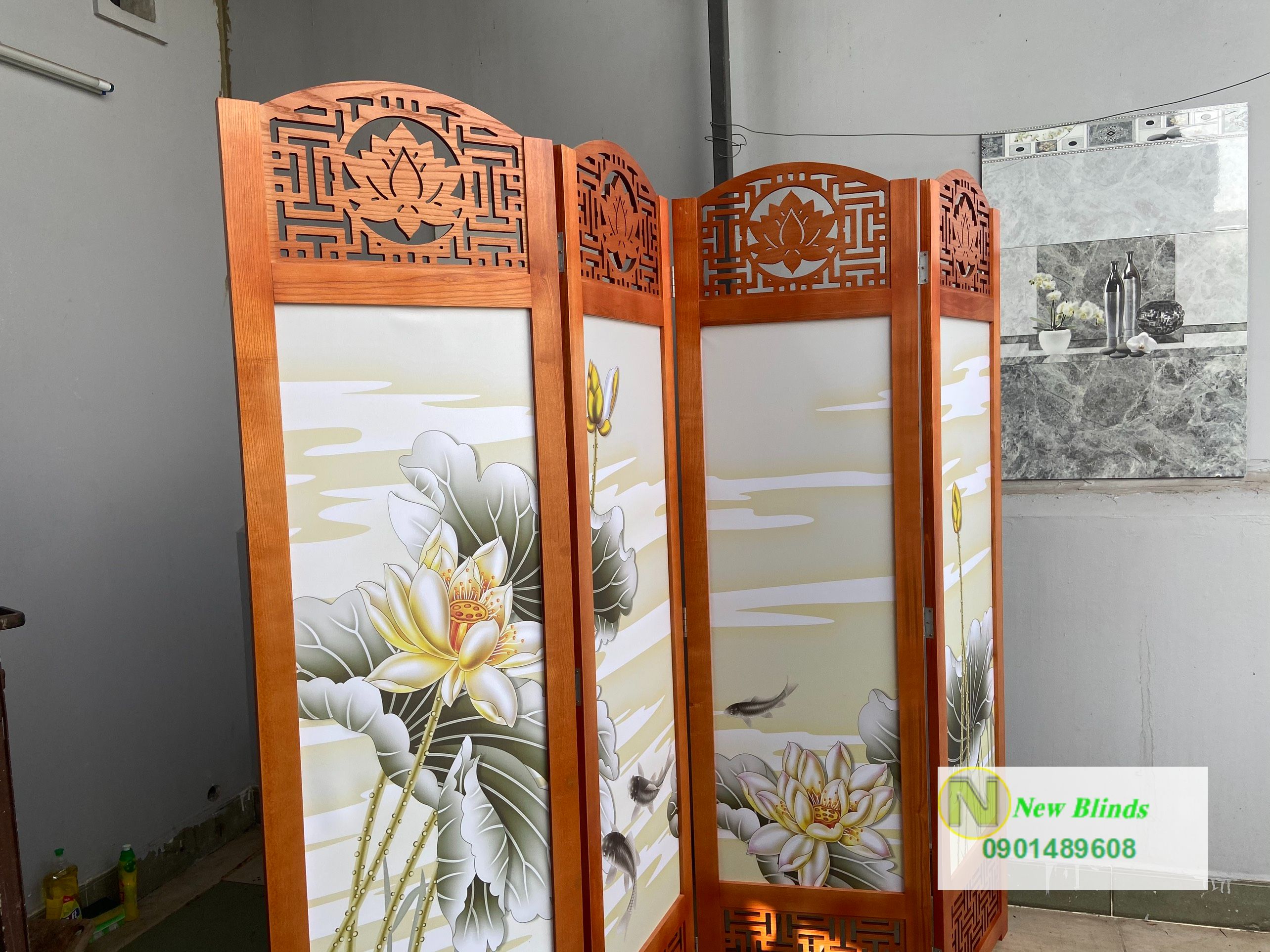 bình phong hoa sen cá chép 8