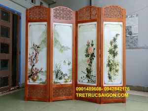 BÌNH PHONG GỖ TRANH SƠN THỦY